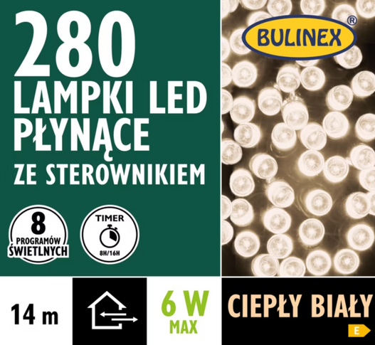 Lampki zew/wew 280 LED 14m płynące 8programów biały ciepły
