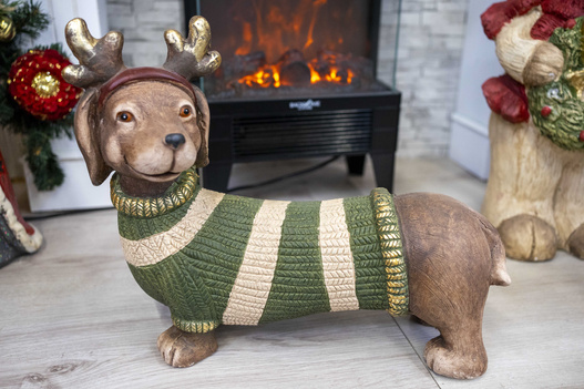 Jamnik ceramiczny brązowy, zielony sweterek, złote rogi 34 x 40cm