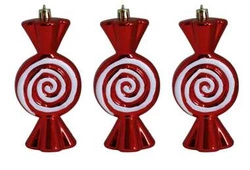 Bombki cukierki płaskie 3 sztuki czerwono-białe 12,5 cm