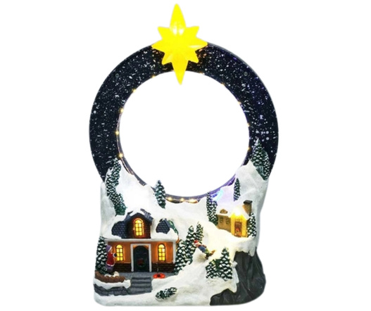 Scenka LED wioska w górach, sanie z Mikołajem w kole 28cm