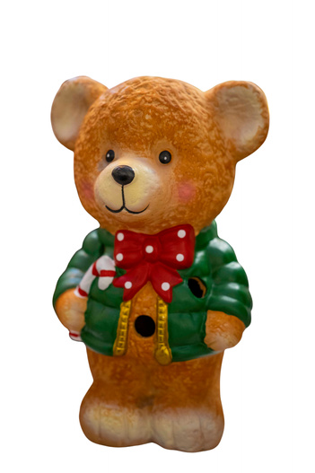 Miś ceramiczny LED w czerwono-zielonym ubranku 23 cm 