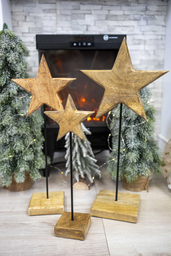 Gwiazda drewniana brązowa płaska na podstawce 50cm