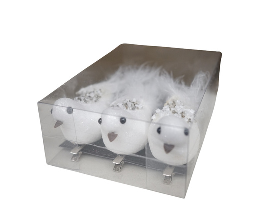 Ptaszki na klipsie białe z koralikami i długim ogonem 15cm 3 sztuki w pudełku