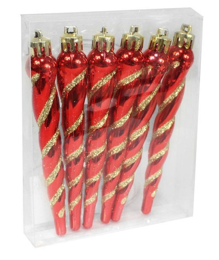 Bombki sople czerwone z brokatem 10cm 6 sztuk