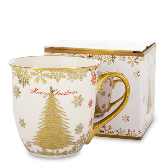 Kubek ceramiczny beczułka biały złota choinka 560ml 