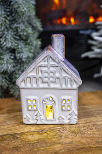 Domek Holenderski LED beżowy, czerwono-fioletowy dach i komin