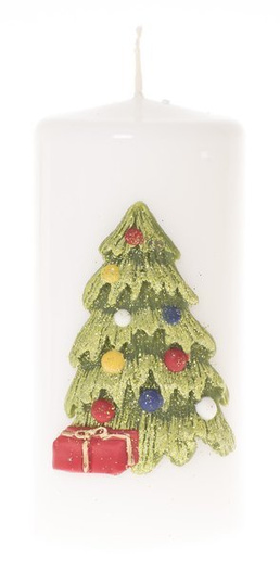 Świeca pieńkowa biała z choinką 15cm