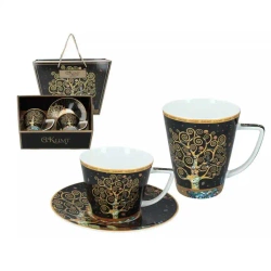 KLIMT Filiżanka ze spodkiem 230ml + Kubek Drzewo życia czarne tło w pudełku Carmani