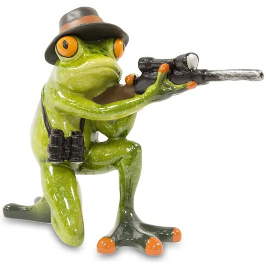 Figurka Żaba zielona w kapeluszu z pistoletem 13cm