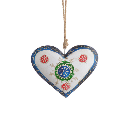 Zawieszka serce metalowe biało-niebieskie sznur jutowy z wzorami 12 cm