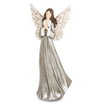 Anioł w srebrnej sukience białe skrzydła złożone ręce 26cm