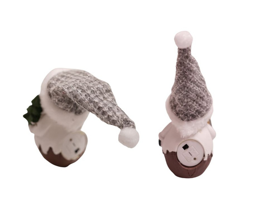 Bałwan/Mikołaj ceramiczny LED z prezentem/choinką, szara czapa  18cm