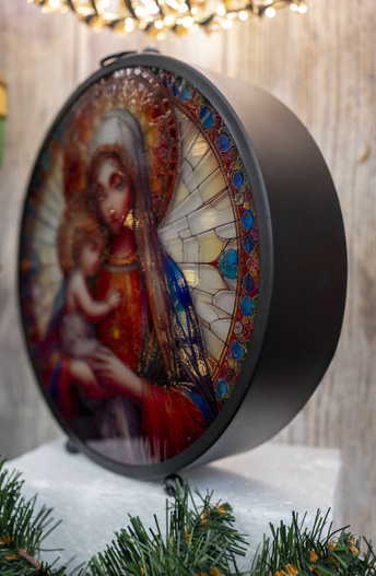 Lampion witraż LED czarny z Maryją z Dzieciątkiem 27x25cm