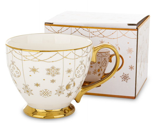 Filiżanka ceramiczna biała 380ml płatki śniegu, bombki, złote ucho