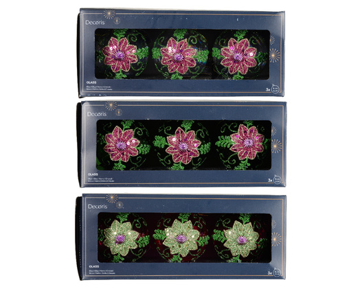 Bombka szklana 3sztuki 8cm zielony/opalizujący/róż brokatowe kwiaty transparentna 3wzory
