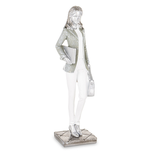 Figurka Kobieta srebrna z torbą i laptopem 23cm