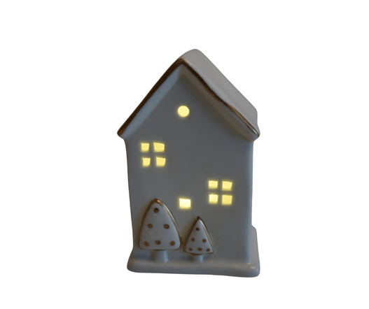 Domek LED biały, złote choinki 12 cm