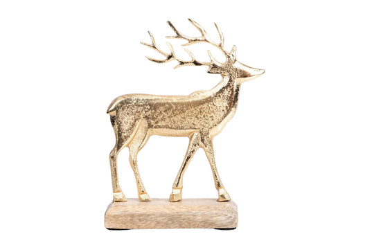 Renifer metalowy złoty, płaski, na drewnianej podstawce 18×14 cm