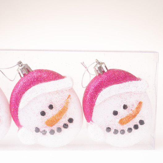 Bombki głowa bałwana różowa czapka 7 cm 3 sztuki