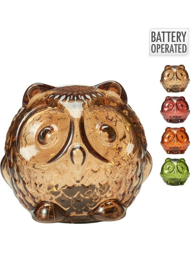 Sowa szklana LED brązowa/zielona/pomarańczowa/czerwona 10cm