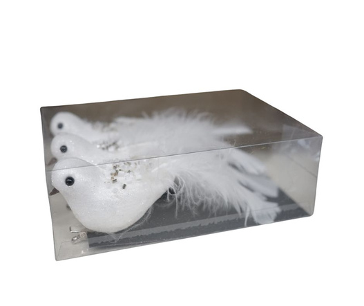 Ptaszki na klipsie białe z koralikami i długim ogonem 15cm 3 sztuki w pudełku