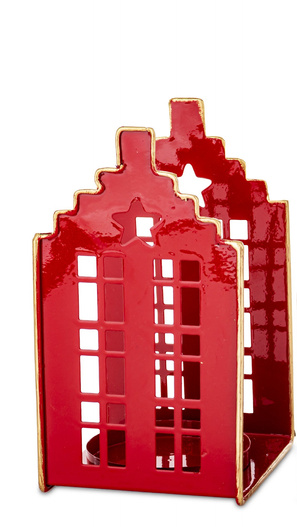 Świecznik metalowy domek czerwony 2 piętra na t-light dach złote schodki 17,5x10 cm