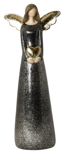 Anioł ceramiczny czarna suknia, złote serce 31,5cm