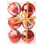 Bombki czerwone brokatowe z białymi gałązkami i srebrnymi cyrkoniami 8 cm 6 sztuk