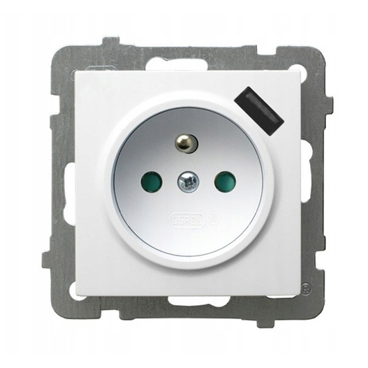 Gniazdo pojedyncze Ospel As z uziemieniem i wejściem USB białe