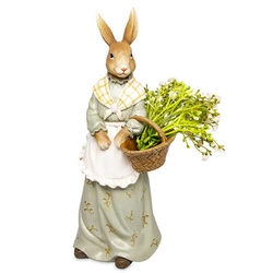 Figurka Królik ONA ogrodnik zielona sukienka z koszem kwiatów 31cm