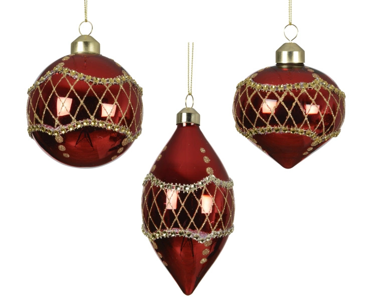 Bombka szklana czerwona 8 cm trzy wzory
