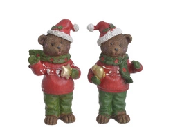 Miś brąz stojący czerwony sweter i czapka mikołaja, złote serce/gwiazda w ręku 13cm 1 sztuka