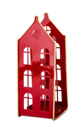 Świecznik metalowy domek czerwony 2-piętrowy na t-light złote ranty 23 cm