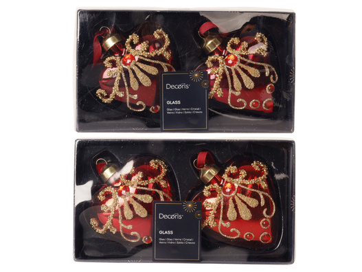Bombki szklane serca czerwone ze złotym brokatem 8 cm (2 sztuki)