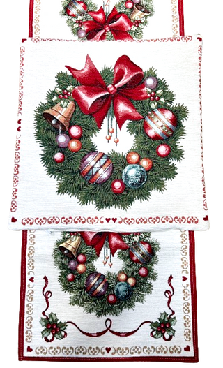 BN Bieżnik na stół 40x140cm Chenille Wieniec, bombki, czerwona kokarda