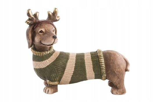 Jamnik ceramiczny brązowy, zielony sweterek, złote rogi 34 x 40cm
