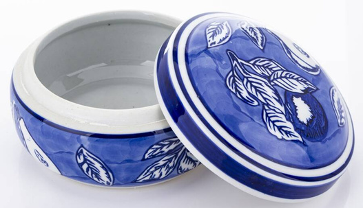 Pojemnik ceramiczny biało-niebieski płaski listki 14cm