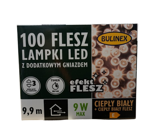 Lampki zew/wew 100 LED 9,9m Flesz ciepły/ biały ciepły dodatkowe gniazdo