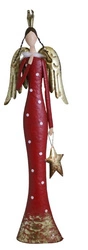 Anioł metalowy w bordowej sukni w białe kropki, trzymający złotą gwiazdę 67 cm