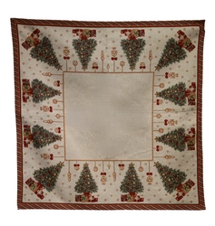 Świąteczny Obrus 85x85cm Choinka, zwisające bombki, bordowa obramówka