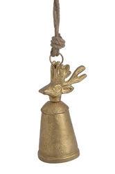 Dzwon metalowy złoty głowa Renifera 19cm sznur jutowy
