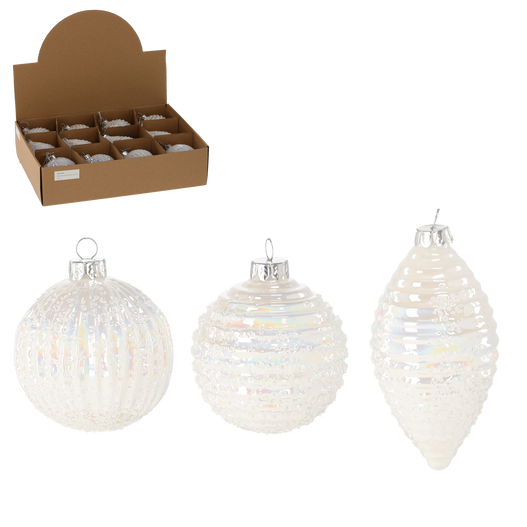 Bombka szklana 1sztuka biała plisowana okrągła/podłużna 3 wzory