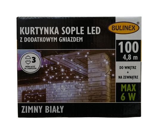 Kurtyna zew/wew sople 100LED 4,8m biały zimny z dodatkowym gniazdem