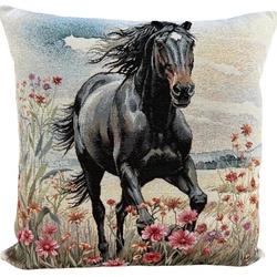 Poszewka na poduszkę 40x40cm EDEN czarny koń na łące Chenille