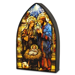 Lampion witraż LED Święta Rodzina z owieczką 21x13cm