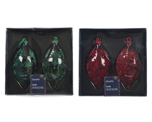 Bombki szklane 3szt 13cm łezka transparentna bordo/zielone 2kolory