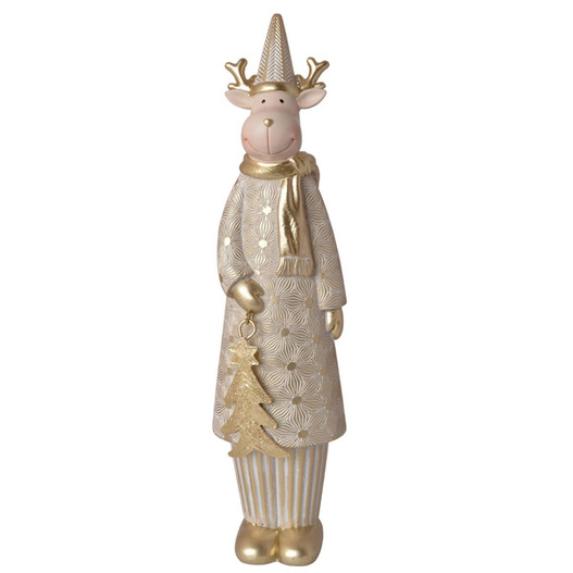 Renifer w długim płaszczu z choinką złoty 23cm
