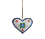 Zawieszka serce metalowe biało-niebieskie sznur jutowy z wzorami 10 cm
