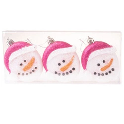 Bombki głowa bałwana różowa czapka 7 cm 3 sztuki