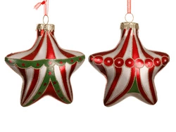 Bombka szklana 1sztuka Gwiazda czerwono-zielono-kremowa/czerwono-kremowa cyrk 9cm